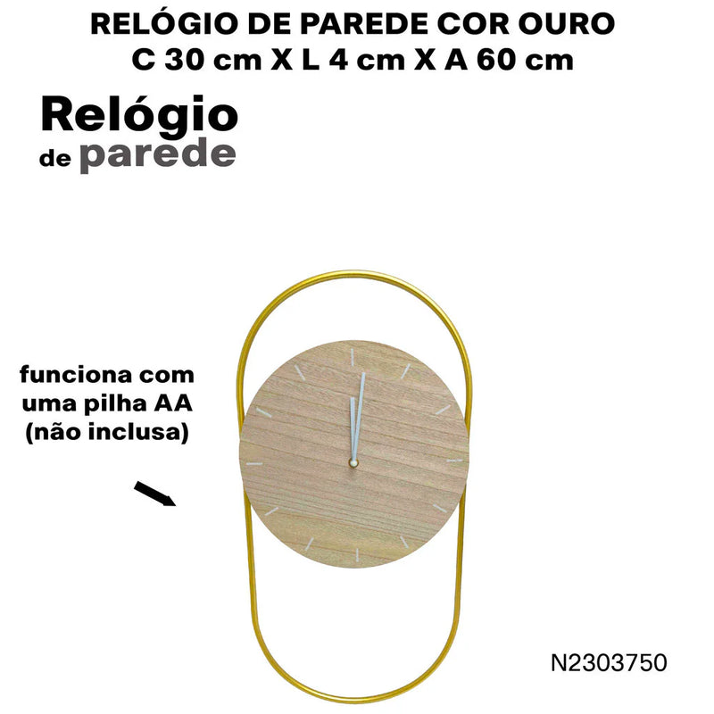 Relógio de Parede 30x60 Dourado Madeira e Metal Design Moderno